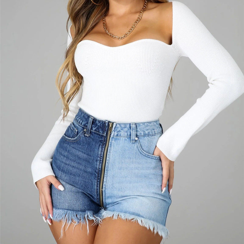 Short d'été en jean taille haute amincissant avec fermeture éclair