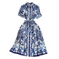 Waist Slimming Single-breasted Celadon Printing A-word Shirt Dress
