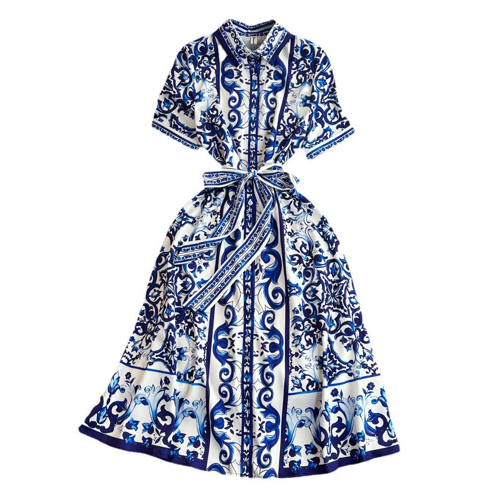 Waist Slimming Single-breasted Celadon Printing A-word Shirt Dress