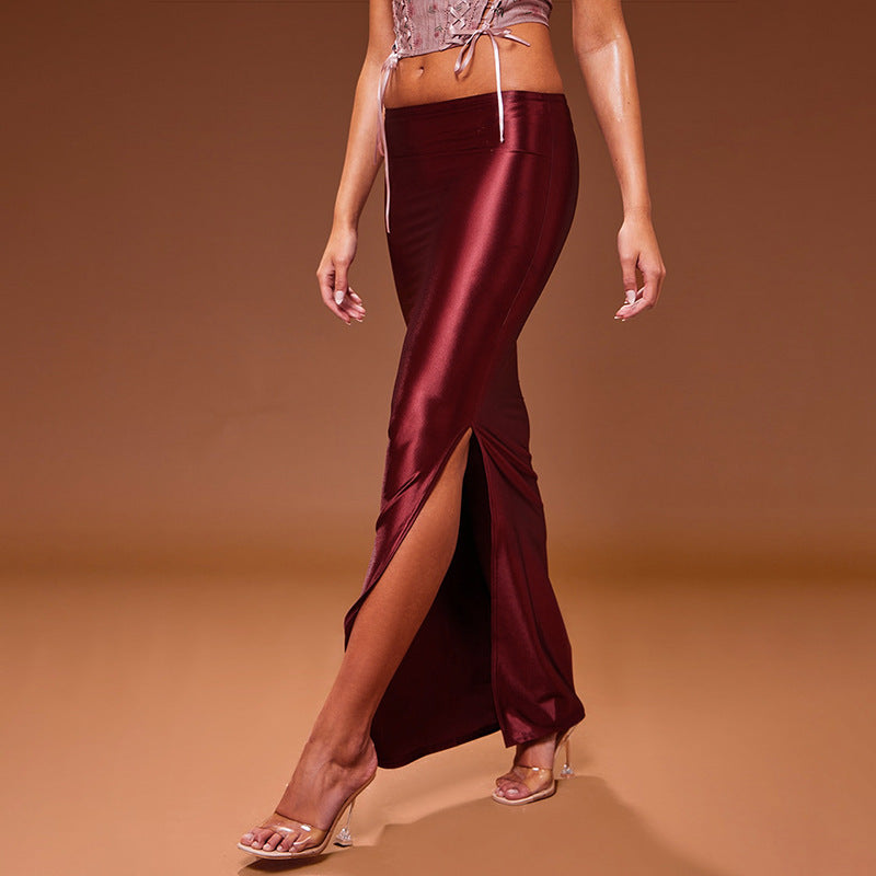 Jupe fourreau mi-longue taille haute en satin multicolore drapé européen et américain d'été