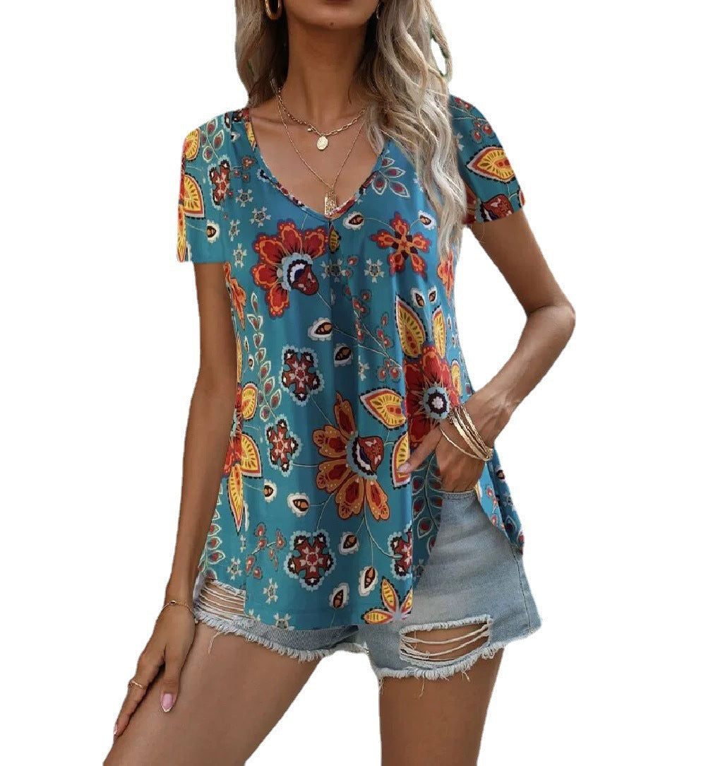 Women's Multicolor V-Neck Printed Short Sleeve T-Shirt