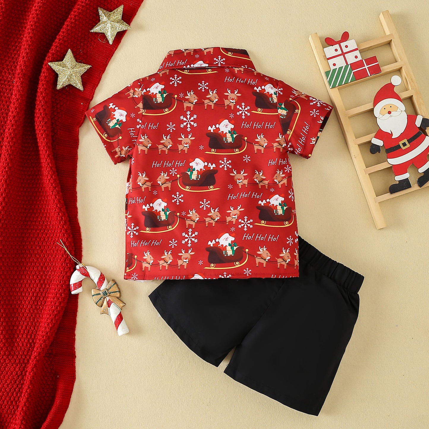 European And American Boys' New Short-sleeved Christmas Printed Shirt And Shorts Suit