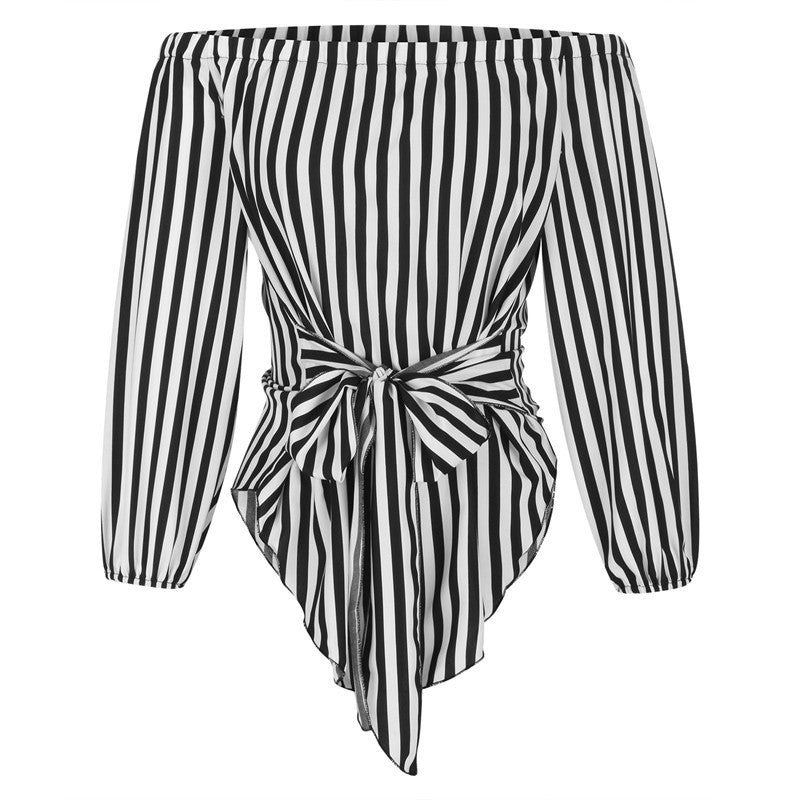 European And American Black And White Striped Fashion Off-shoulder Shirt