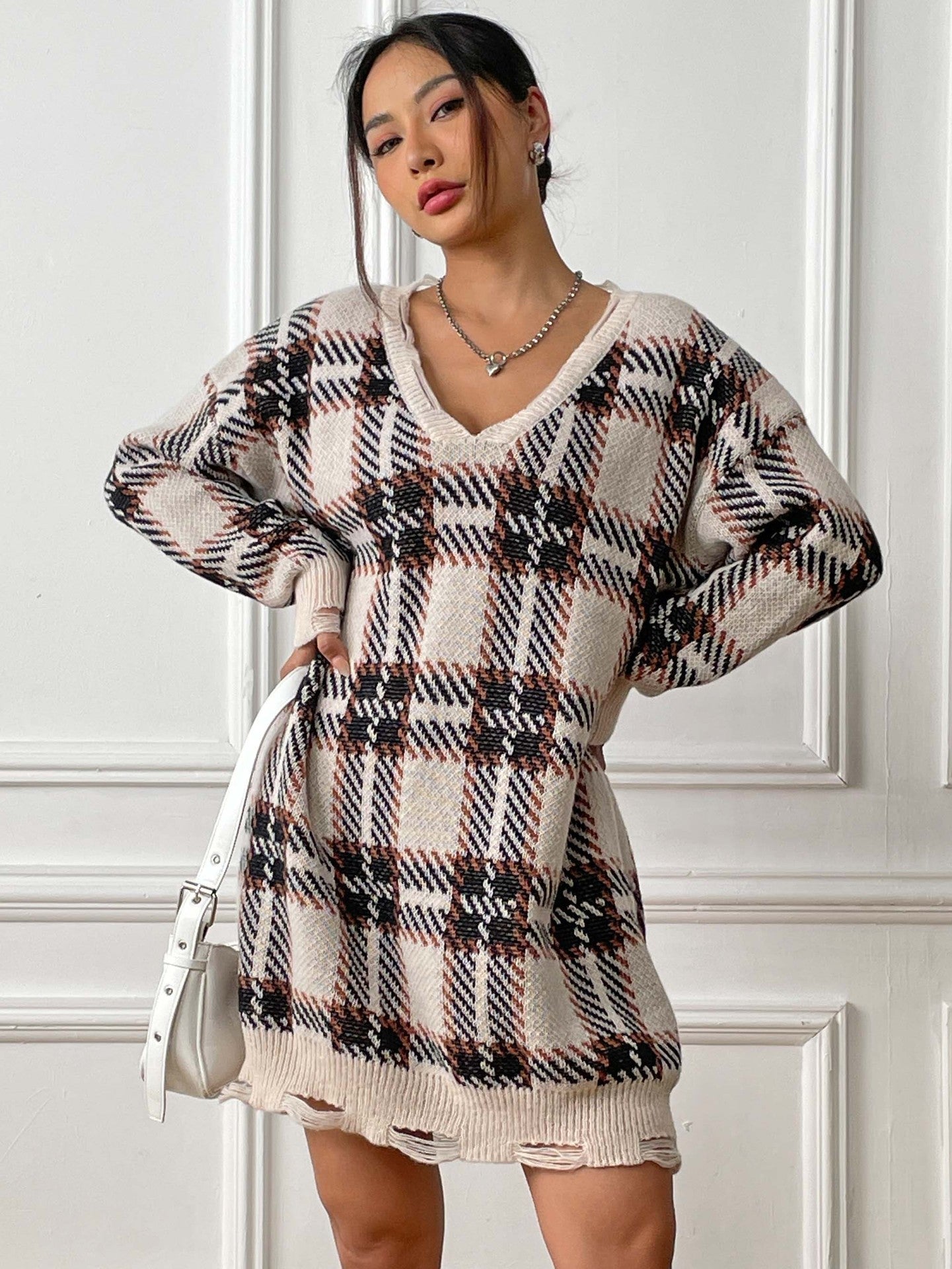 Robe à carreaux à col en V, décontractée, ample, à manches longues, vêtements pour femmes, automne et hiver