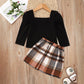 Long Sleeve Plaid Print Children's Skirt Set