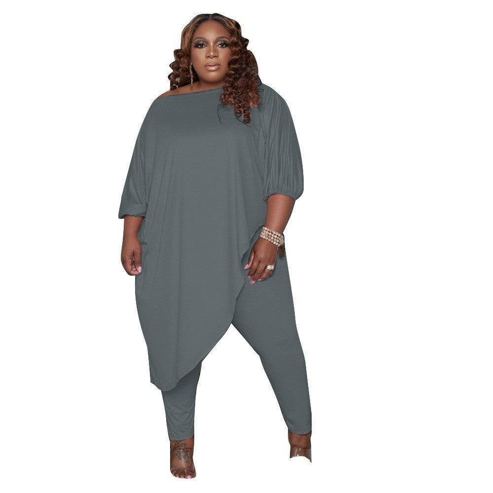 Large Size European And American Women's Clothing Cross-border Selling Spot Loose Solid Color Shoulder Two-piece Set Spring And Autumn