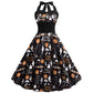 Robe d'Halloween imprimée tête de mort et toile d'araignée pour femme, jupe taille haute à bretelles