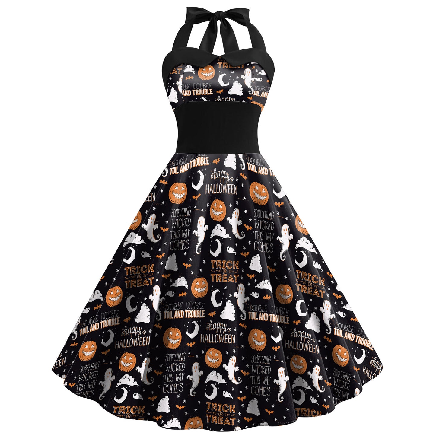Robe d'Halloween imprimée tête de mort et toile d'araignée pour femme, jupe taille haute à bretelles