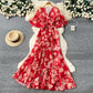 Strap-tied Waist V-Neck Irregular Print Chiffon Maxi Dress