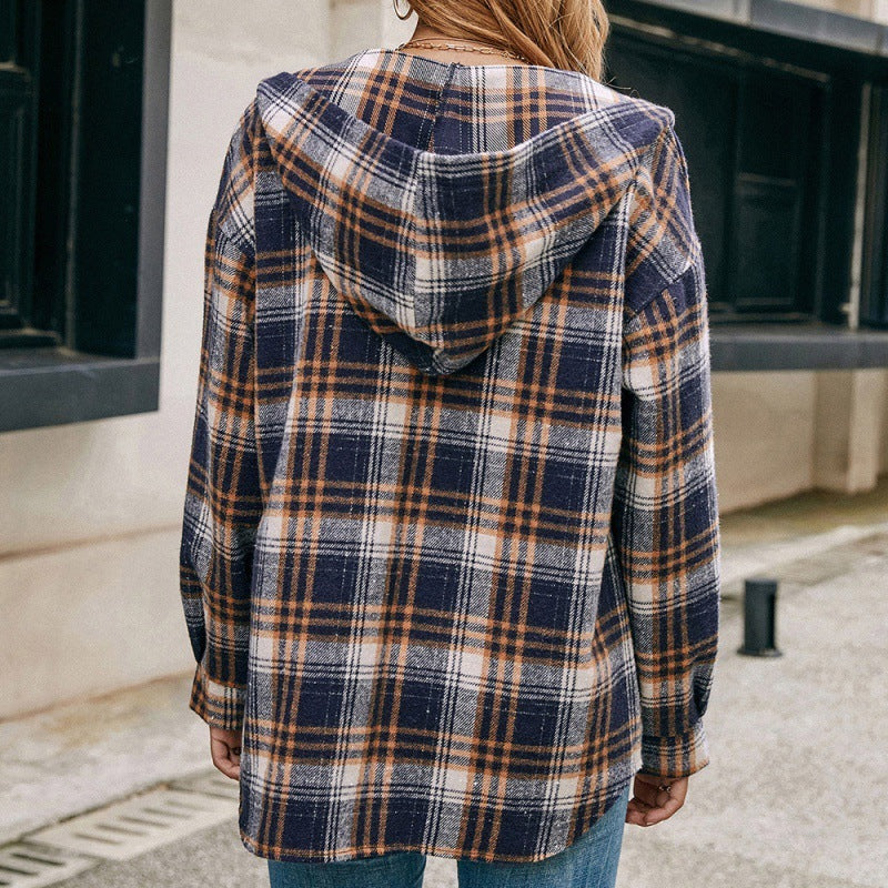 Loose Casual Long Sleeve Single Breasted Check Hooded Jacket