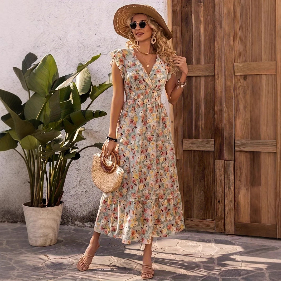 Elegant Printed Floral V-Neck Short-Sleeve Waist-Cinching Dress