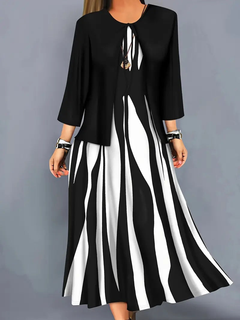 Geometric Print Plus Size Dress Long Sleeve Top Coat Long Skirt Two-piece Set
