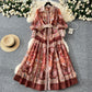 Retro Style Fashionable Printing Lapel Lantern Sleeve Waist-slimming Long Dress
