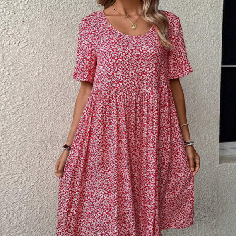 Round Neck Short Sleeve Printed Floral Dress Women