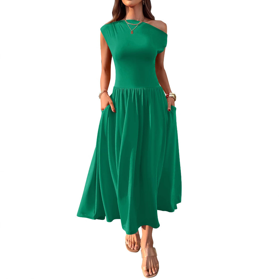 Slant Shoulder Waist Trimming Long With Pocket Dress