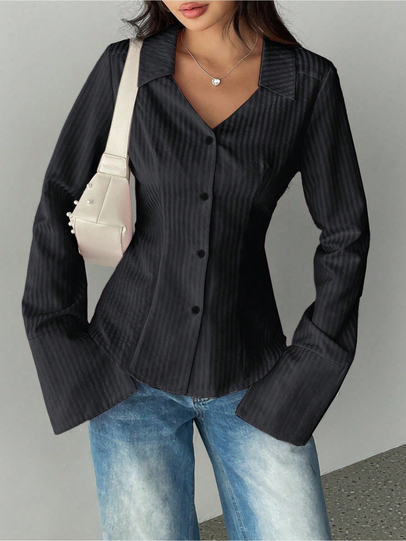 Women's Striped All-matching Casual Bell Sleeve Polo Collar Top