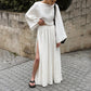 Cotton Round Neck Long Sleeves Short Top Slit Skirt Suit