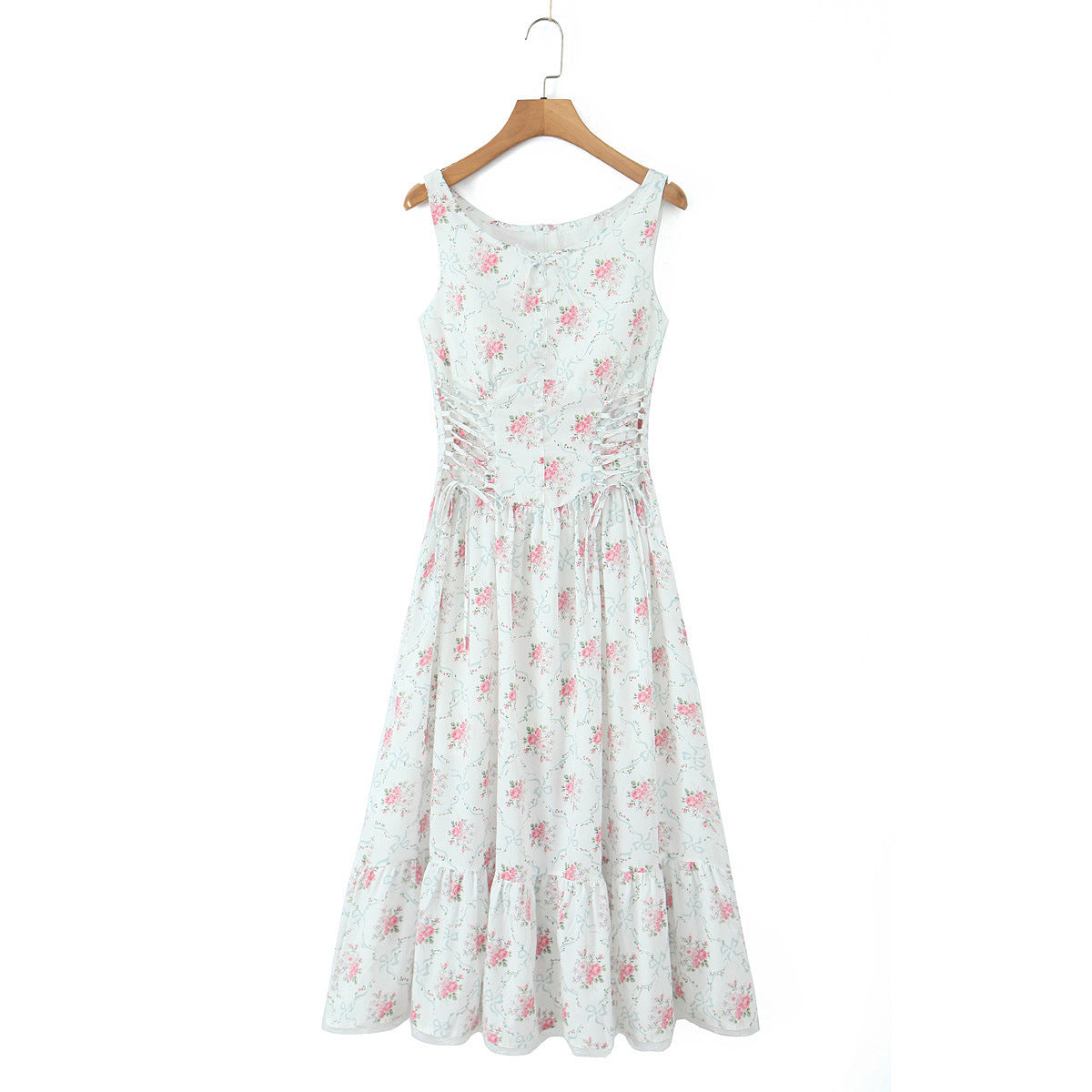 New Summer Cream Rose Printed Lace Up Mid-length Sling Dress