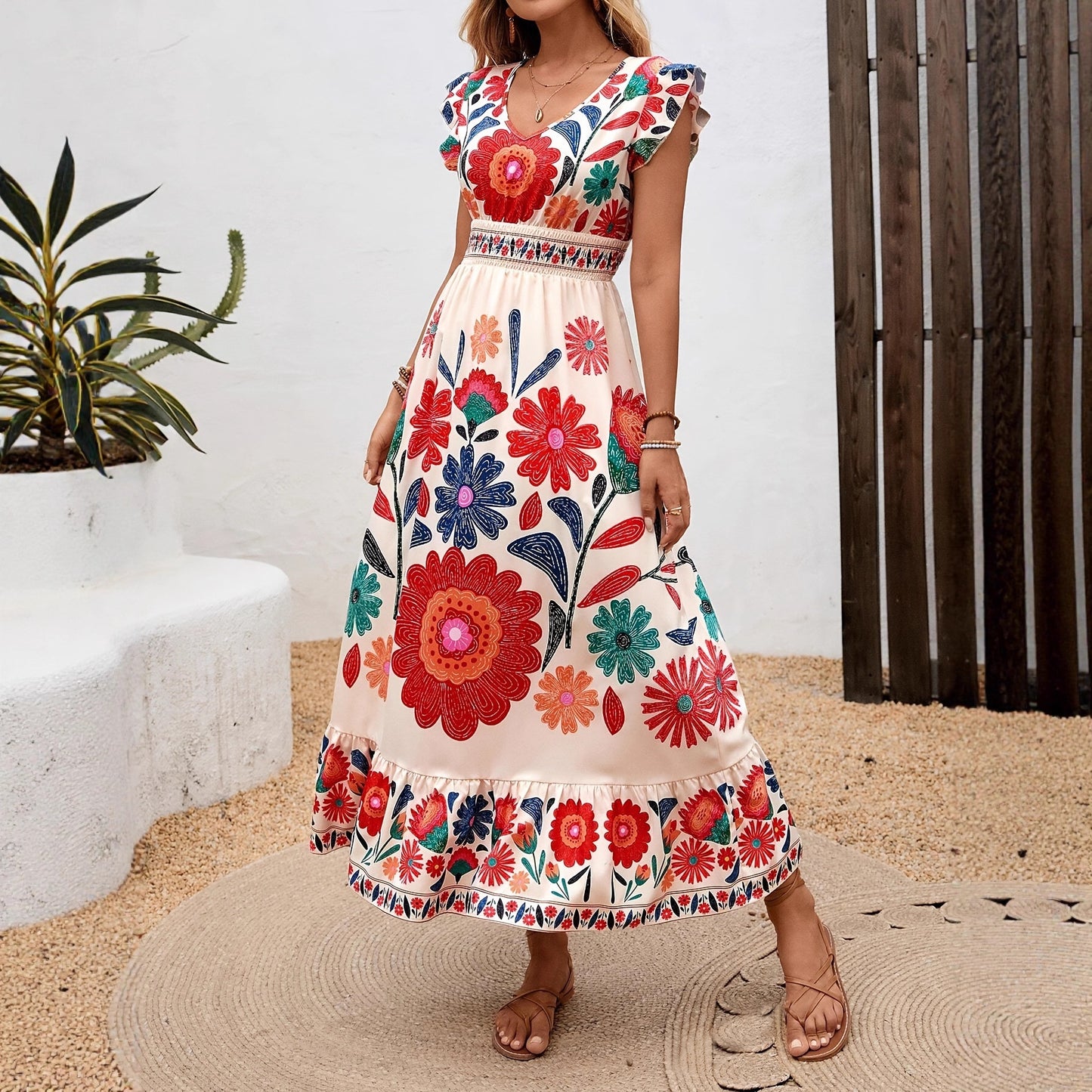 Printed Flared Maxi Dress With Long Sleeves And Lace-Up Waist Casual Style