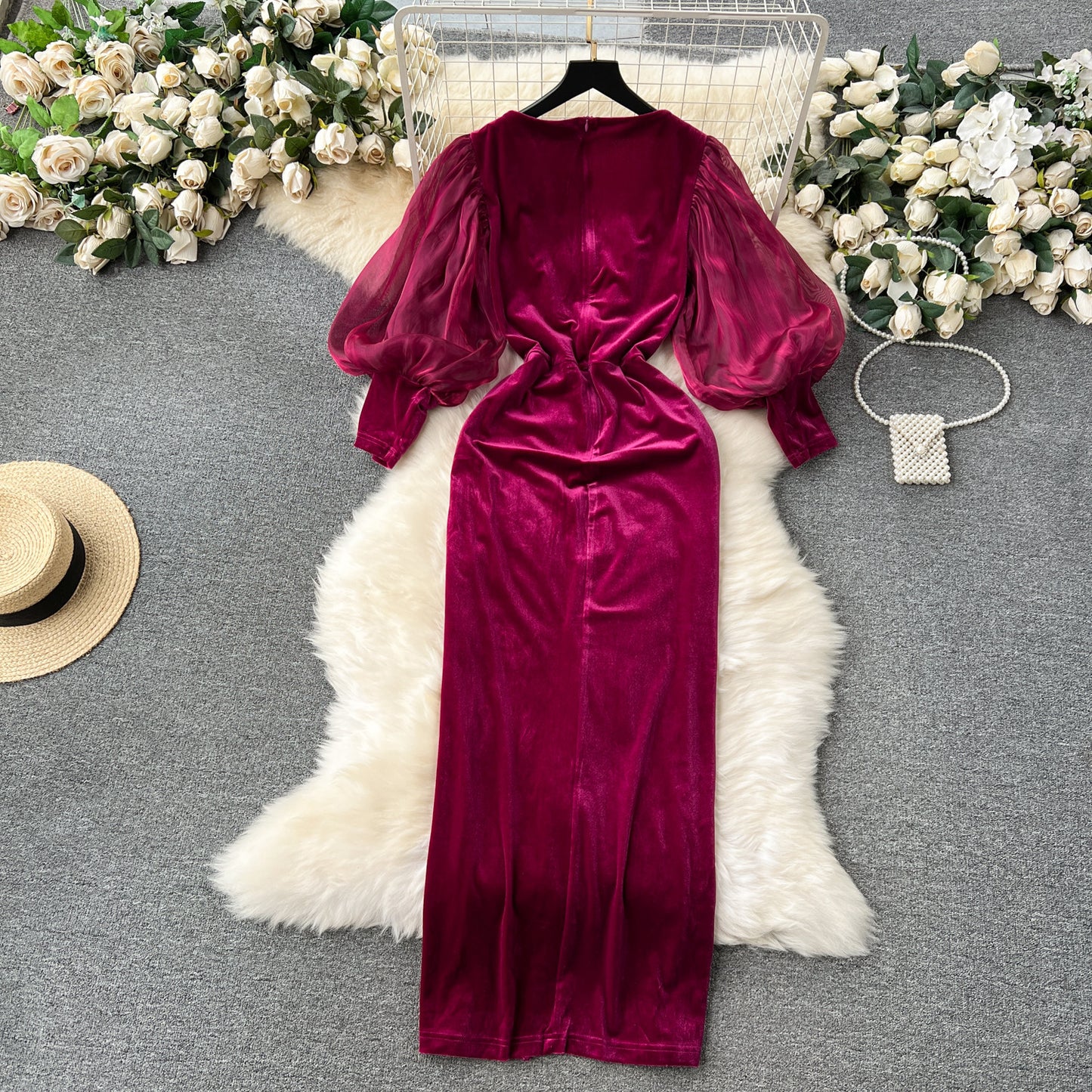 Robe en velours vintage haut de gamme abordable de luxe, niche, manches lanternes, slim, mi-longue, fendue, longueur genou, style tribunal