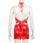 Tie-dyed Printed Deep V Halter Corset High Waist Short Skirt