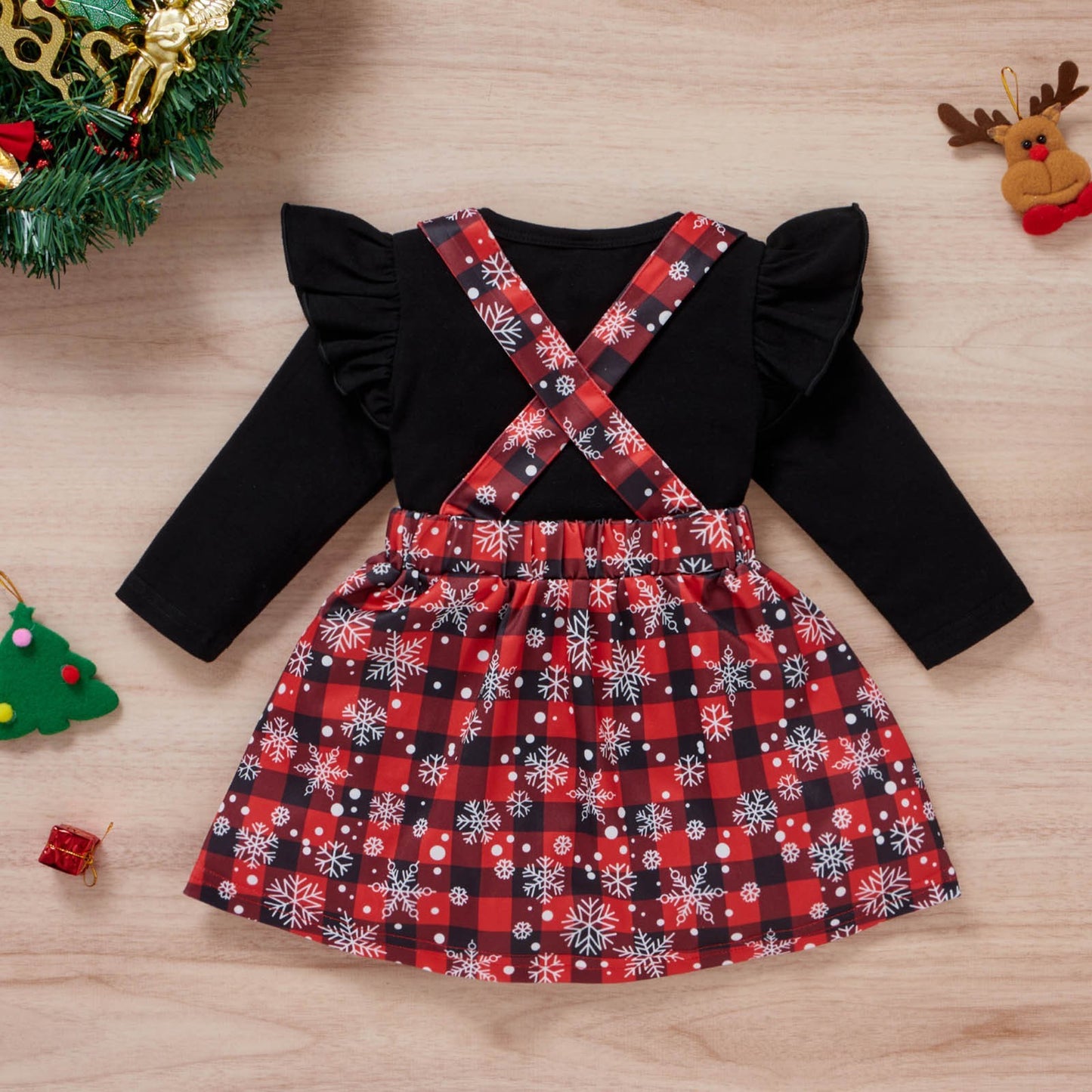 Vêtements de Noël pour bébé fille, t-shirts imprimés, jupes à carreaux