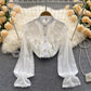 Women's Stand Collar Ruffle Lace Long Sleeve Shirt
