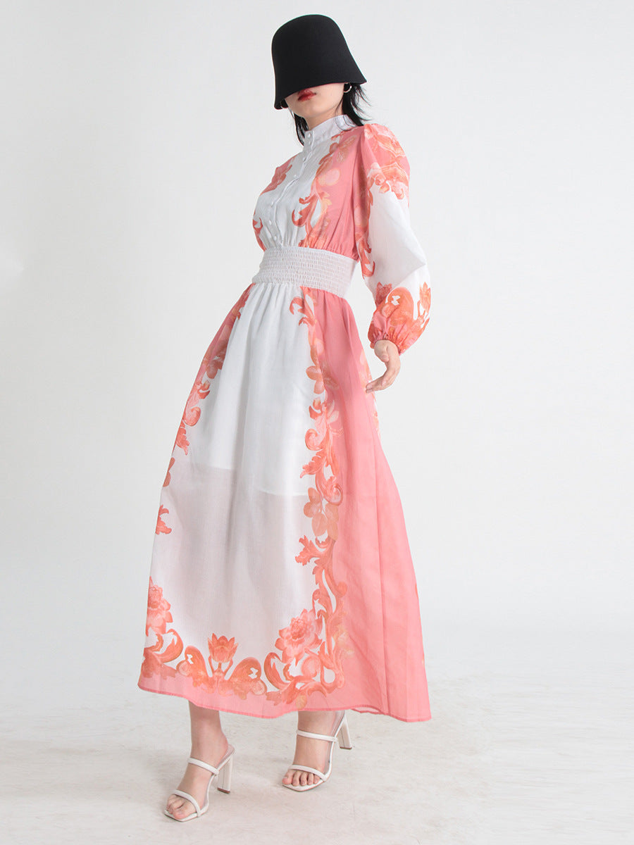 Robe trapèze d'été à col rond et manches longues, taille élastique et simple boutonnage pour femme