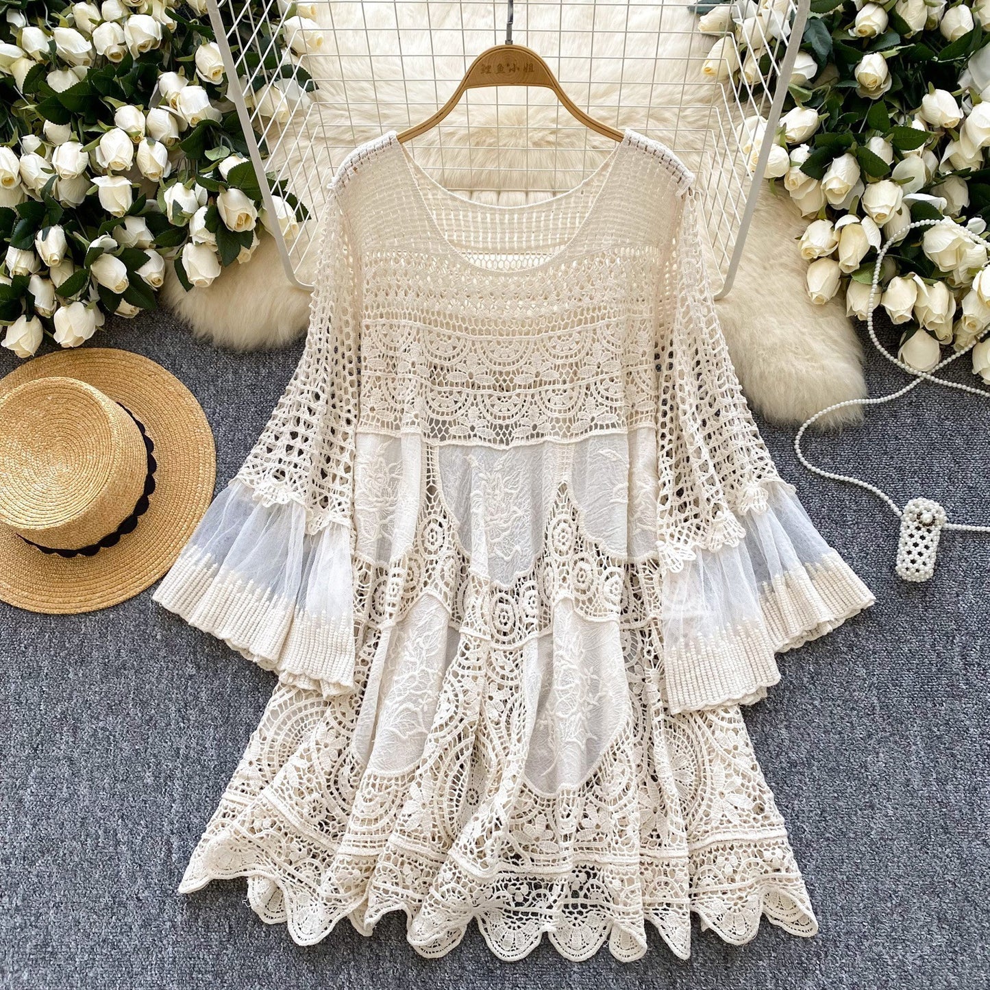 Retro Knitted Loose Hollow-out Crocheted Design Stitching Temperament Short Midi Skirt