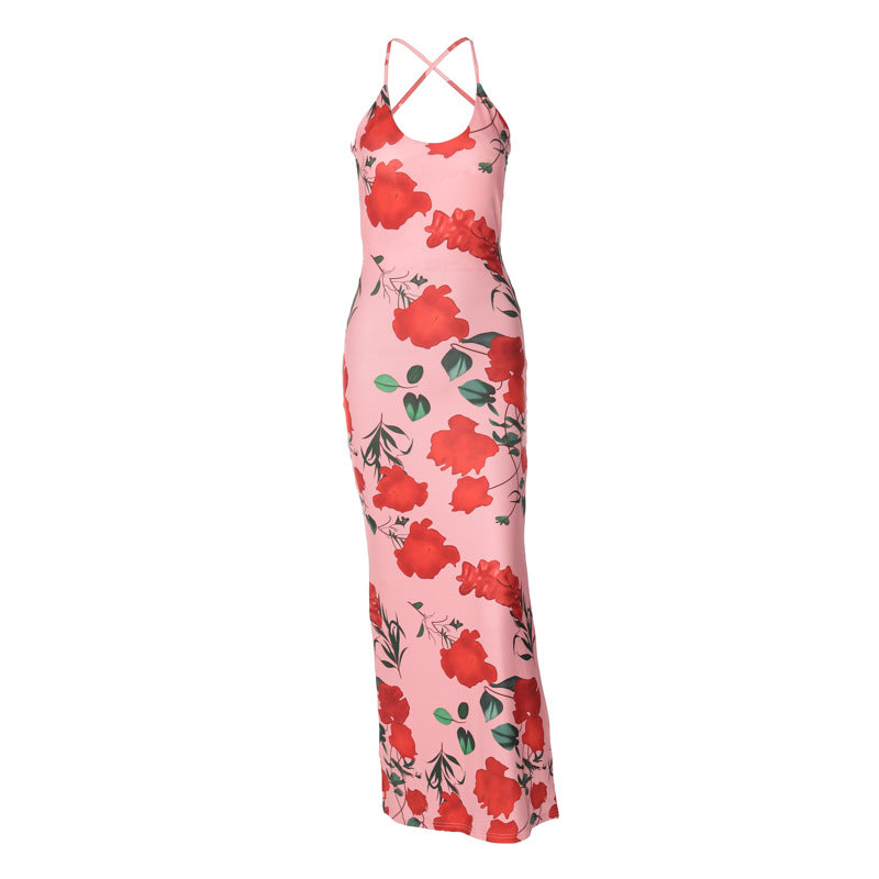 Fashion Printed Backless U-neck Slim Strap Dress