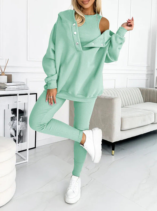 Casual Hooded Sweater Thickened Thread Fitted Vest Pants Three-piece Set