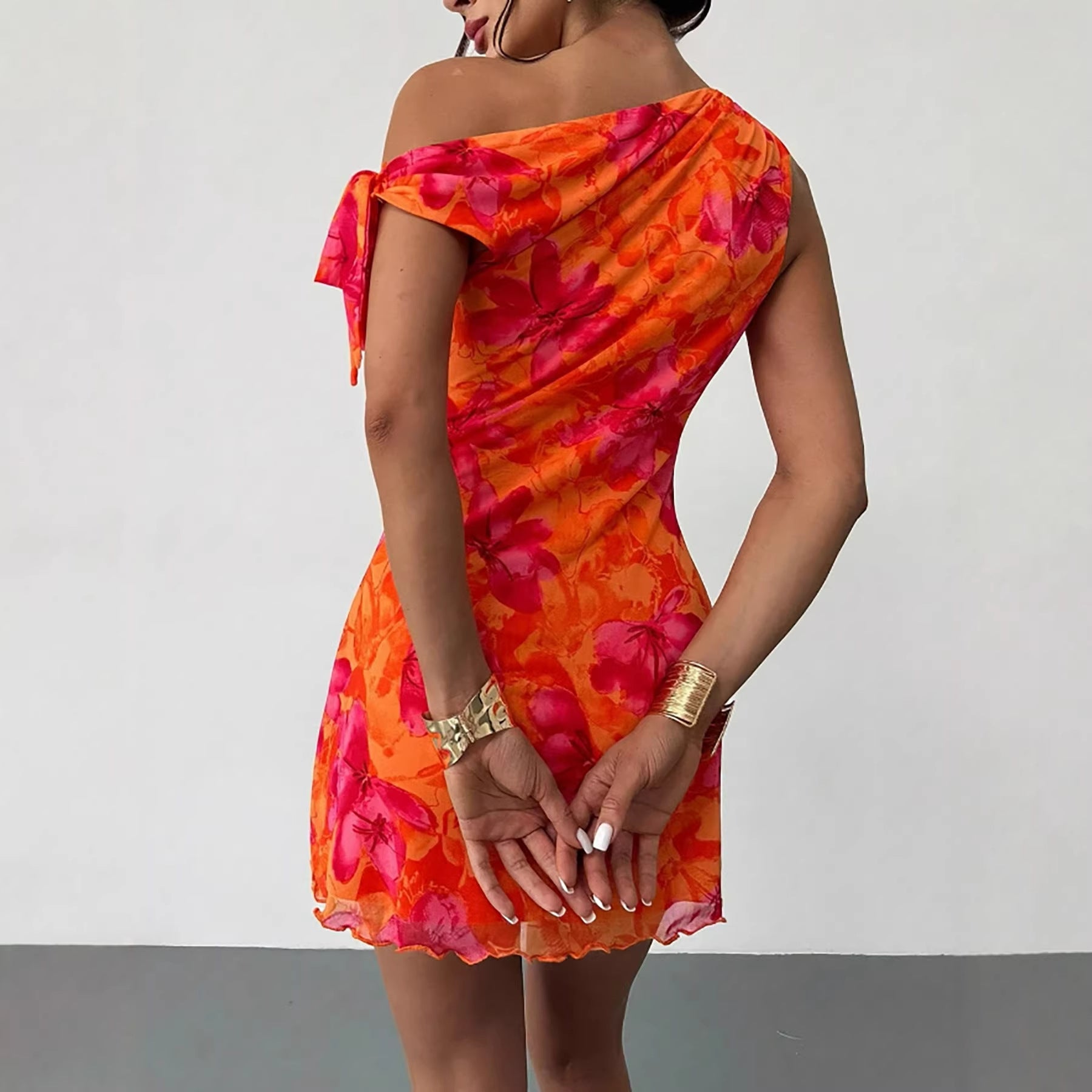 Printed Womens Sexy Cinched Waist Short Dress