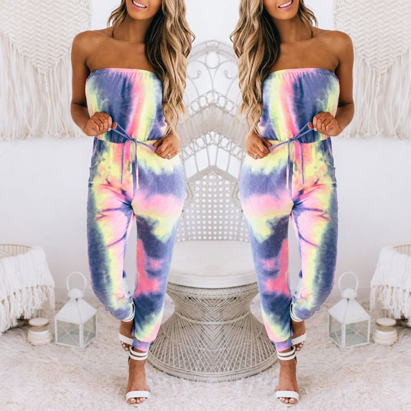 Women Tie Dye Print Wrap Bust Casual Jumpsuit