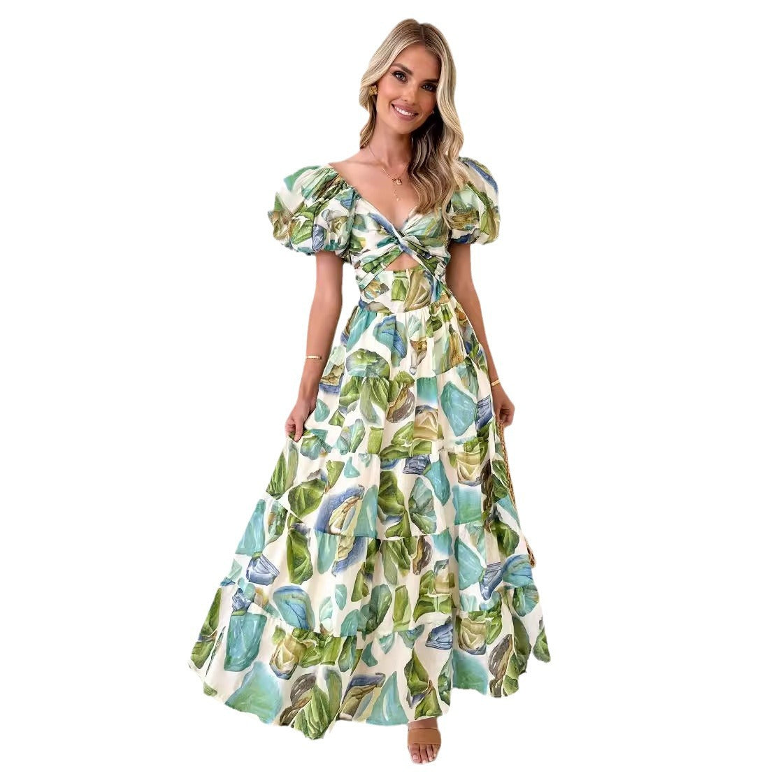 Women's Versatile Casual Waist-tied Puff-sleeve Flare Dress