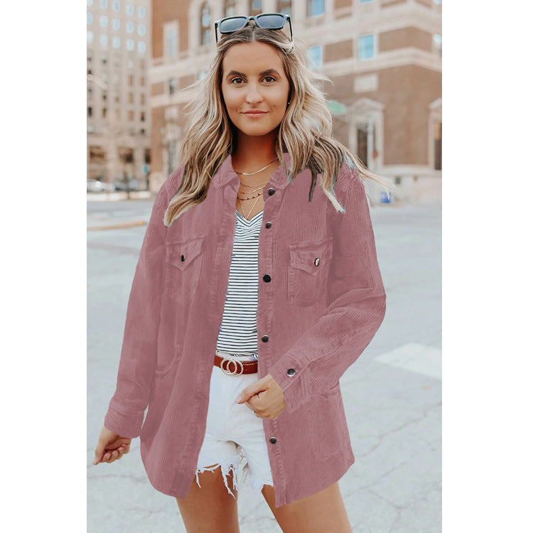 Women's Long Sleeve Solid Color Lapel Mid Shirt Jacket