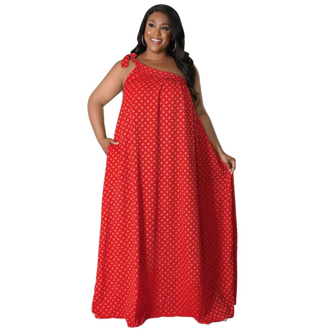 Plus-size Women's Sexy Backless Solid-color Printed One-shoulder Halter Dress