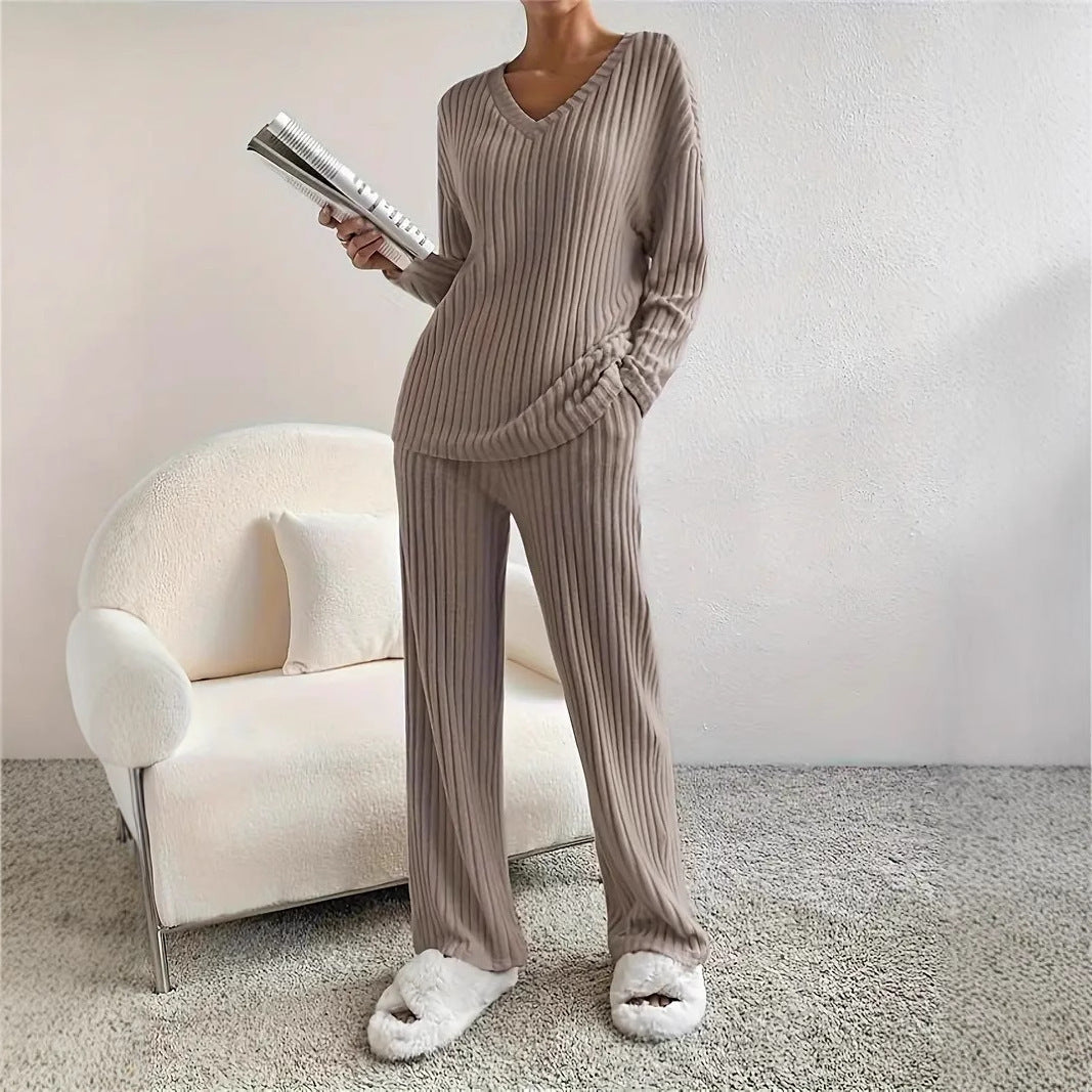 Straight-leg Pants With A Loose And Elegant V-neck Ribbed Two-piece Set