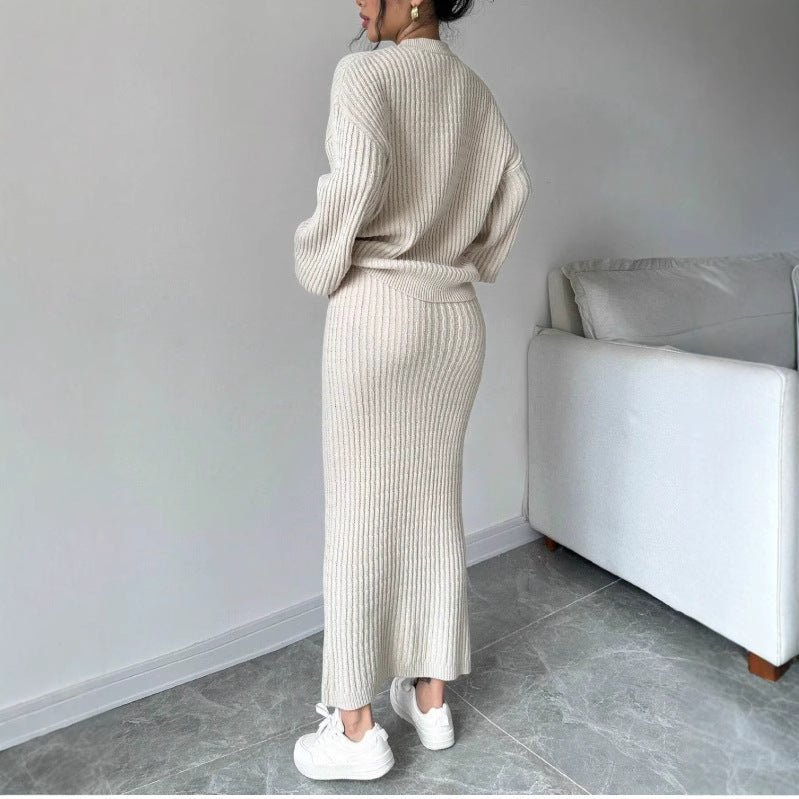 2-piece Set Women's Solid Color Casual Long Sleeves Sweater And Skirt