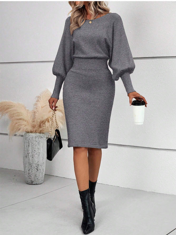 European And American Temperament Crew Neck Long Sleeve Solid Color Waist Tight Slimming Knitted Hip Skirt