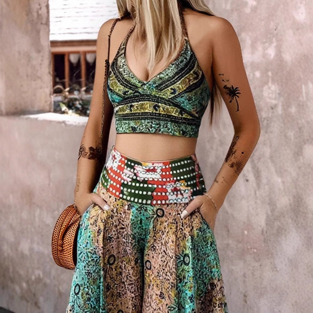 European And American Retro Pattern Short Overall Dress Set