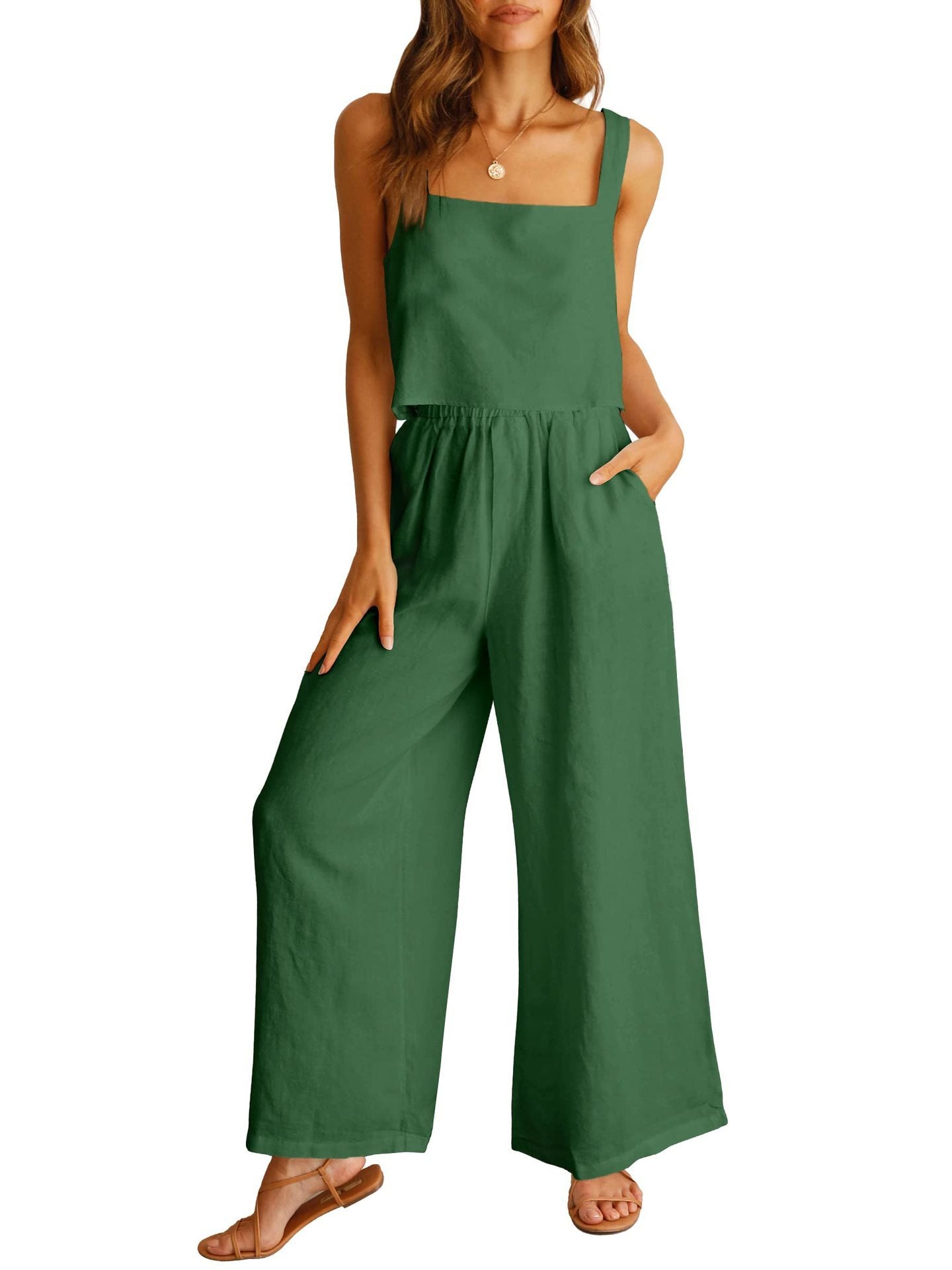 Ensemble décontracté sans manches, caraco, pantalon large