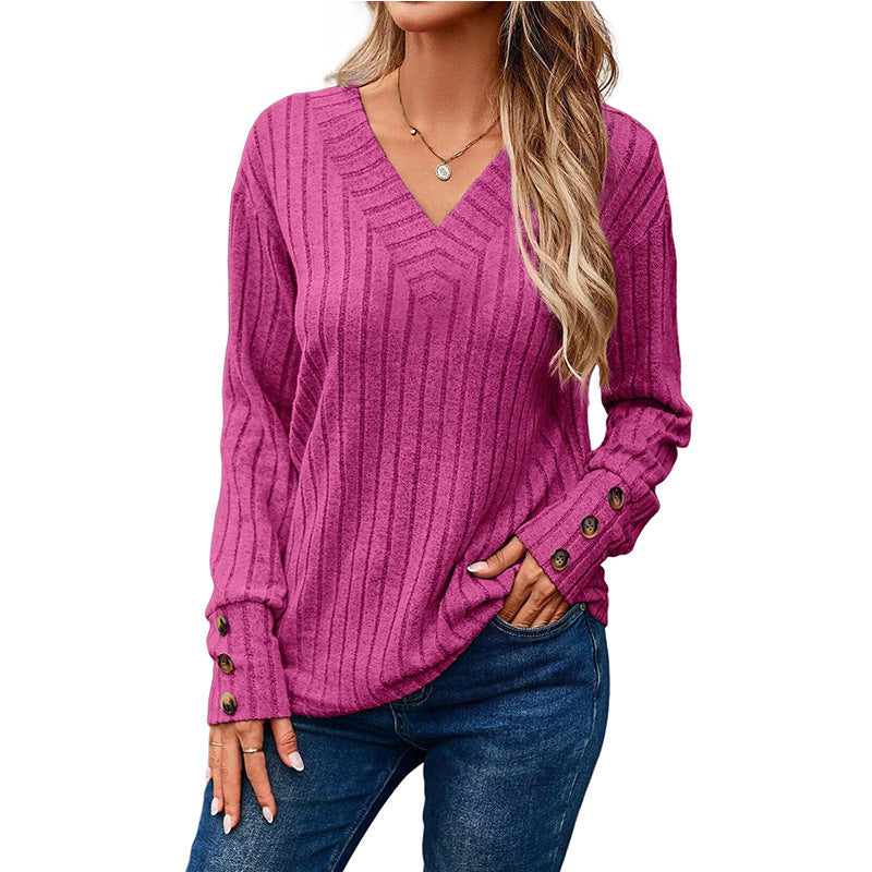 Women's Long Sleeve V-neck Shirt Solid Color Buttons