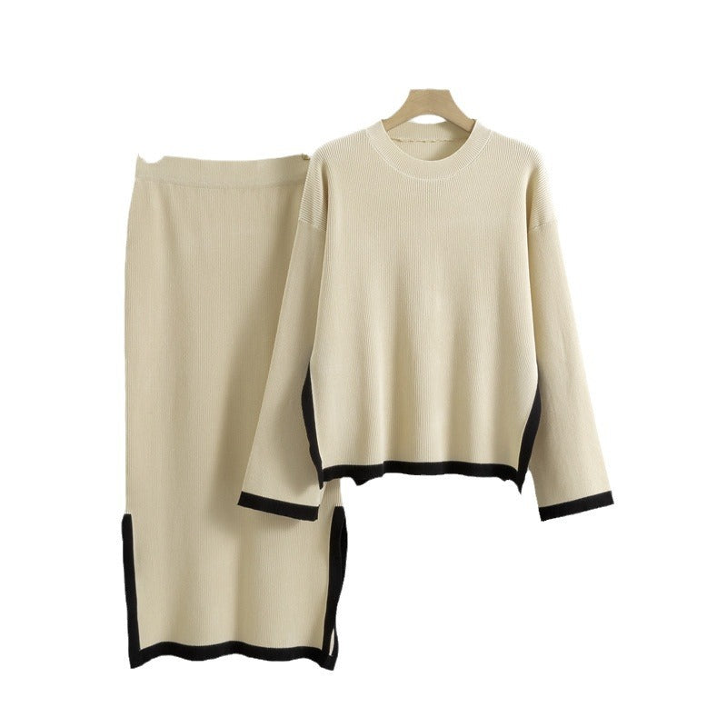 Color-Block Crew-Neck Top And Slit Skirt Chic Knit Set