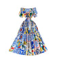 Printed One-line Neck Off-shoulder Bubble Sleeve Slim Mid-length Dress Female