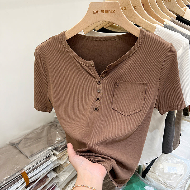 Women's Half-open Round Neck Solid Color Fashion Pocket Waist-tight T-shirt