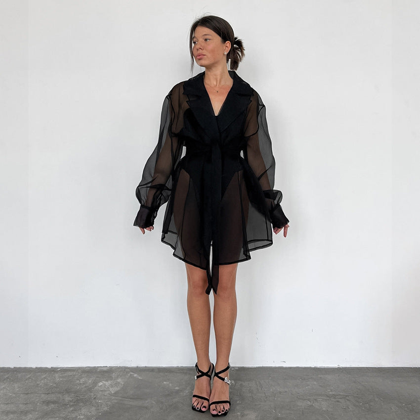 Black Mesh Cardigan-laced Nightgown Sexy And Sheer