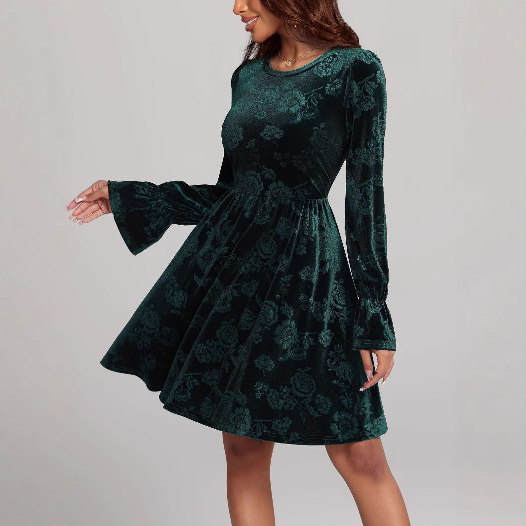 Women's Casual Long-sleeve Printed Velvet Dress