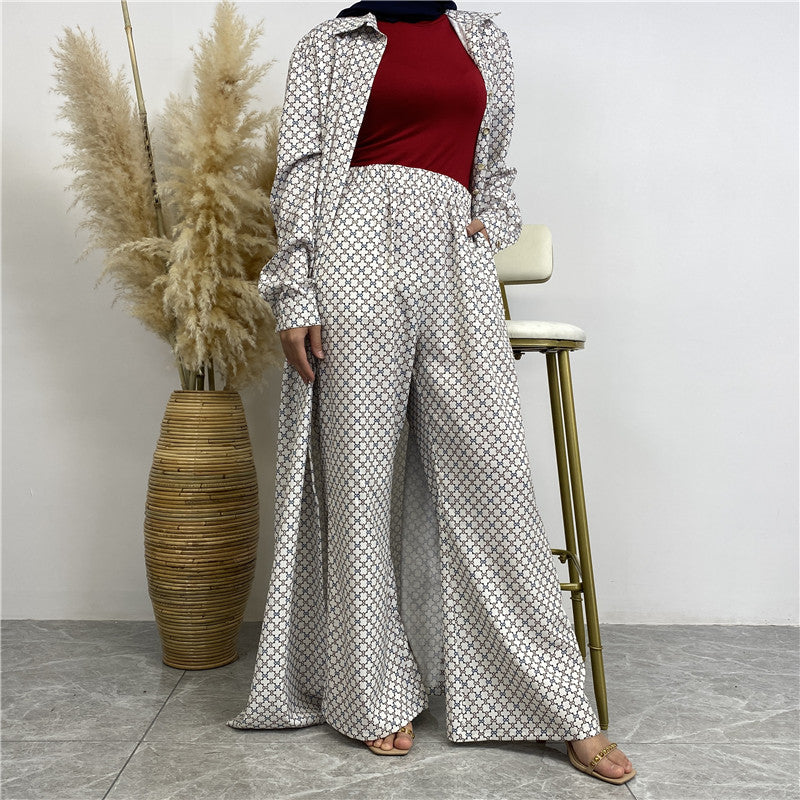 Fashion Printed Satin Full Button Long Cardigan And Pocket Pants Set