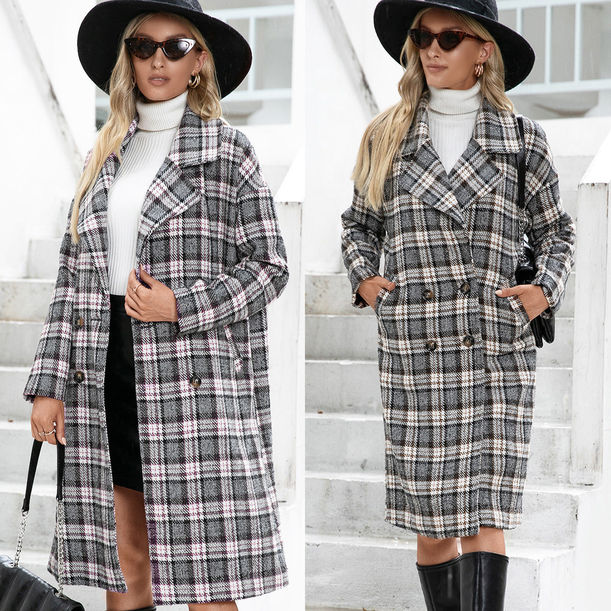 Long Double-breasted Cashmere Coat With Suit Collar