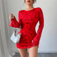 Casual, Versatile Waist-cinching Dress With A Red Floral Print